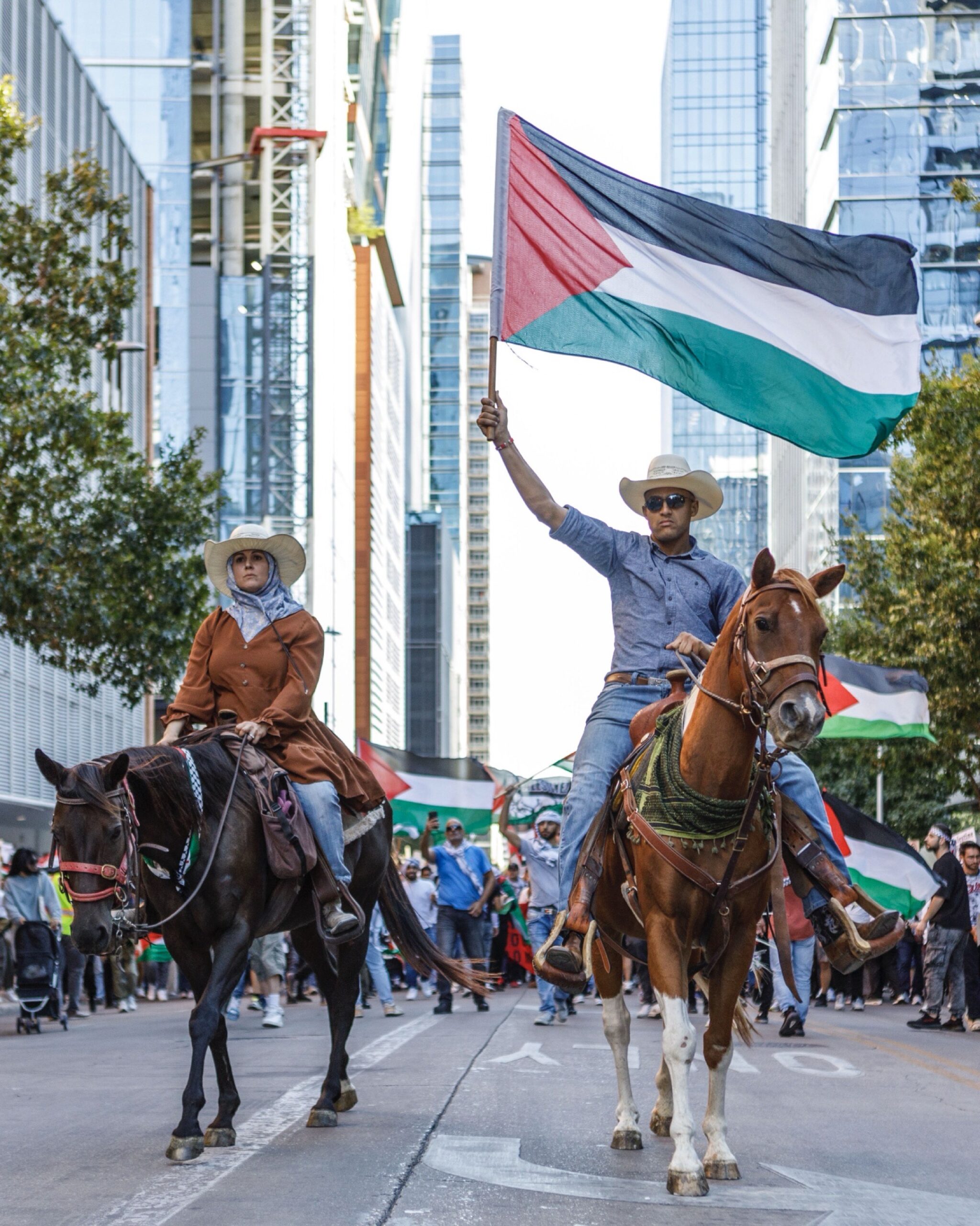 Pro-Palestinian protesters on horses